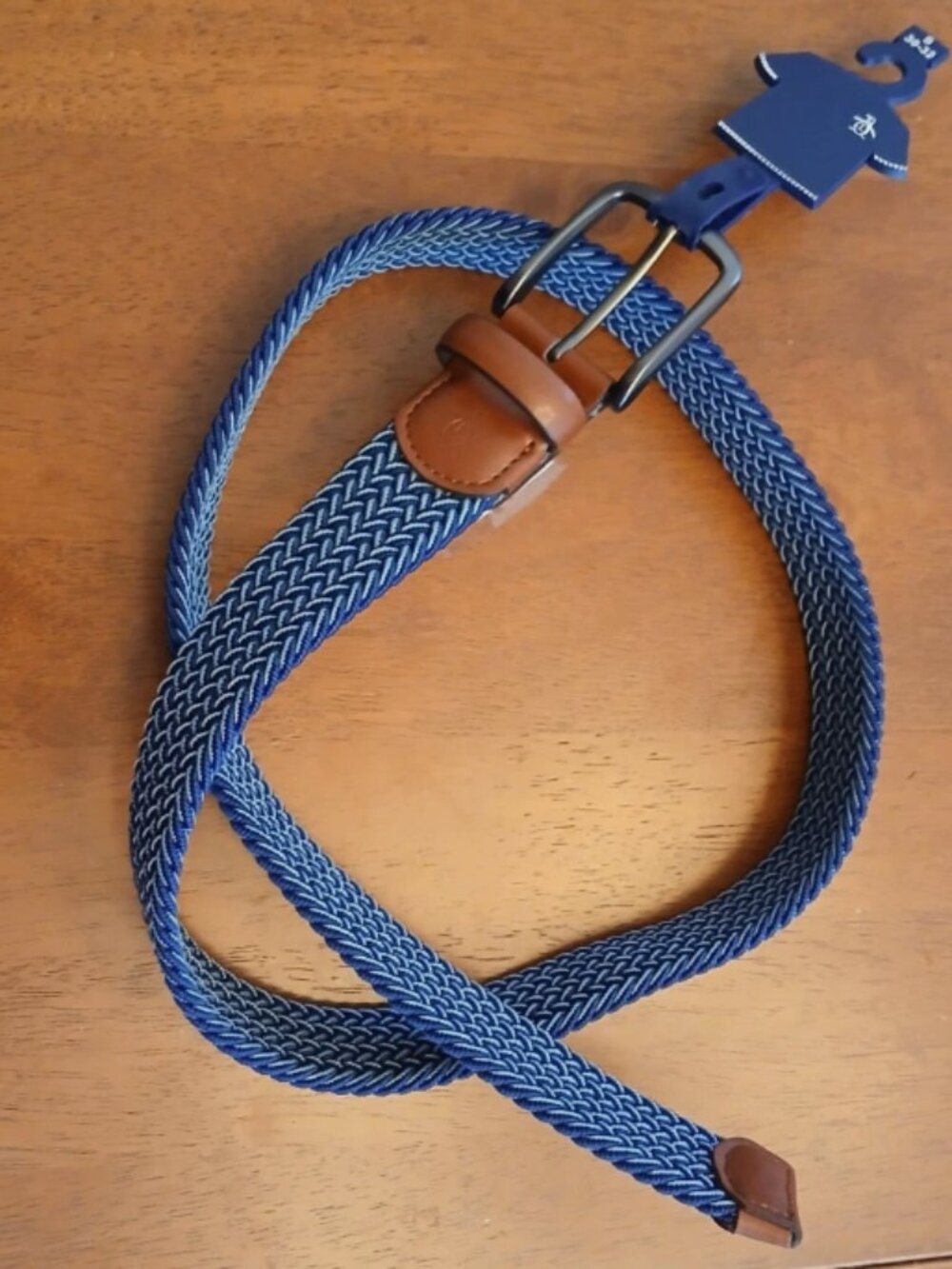 Penguin Blue/White Braided Fabric Woven Stretch Belt Size 38-40 Leather NWT